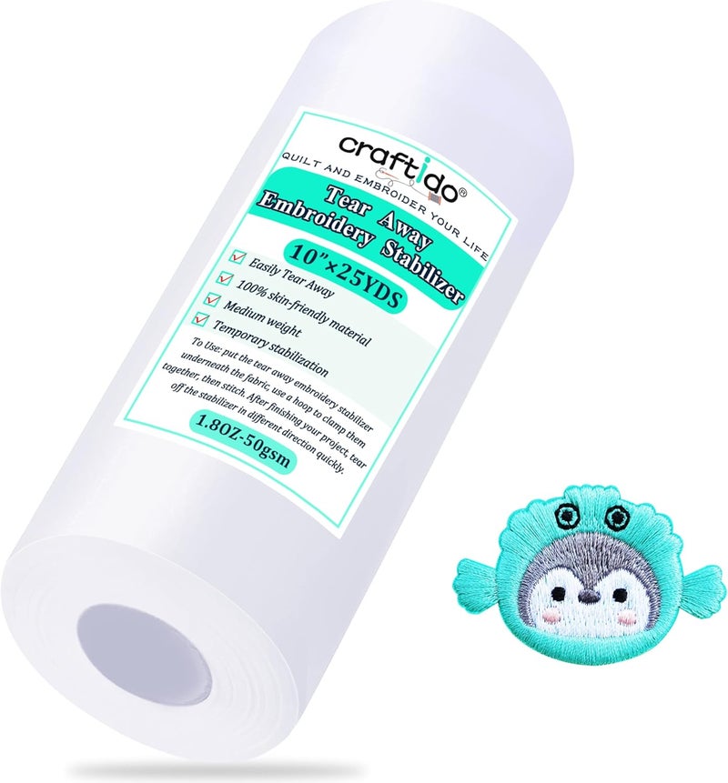 craftido Tear Away Embroidery Stabilizer Backing 10" x 25 Yd/roll Compatible with Most Hoops 1.8oz Medium Weight for Machine Embroidery and Hand Sewing - Image 1